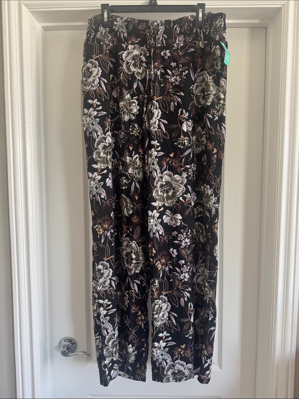Floral Black Elastic-Waist Wide Leg Pants